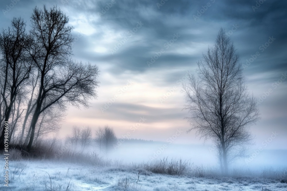 A misty morning landscape with bare trees and frost-covered ground. A misty morning landscape with bare trees and frost-covered ground.
