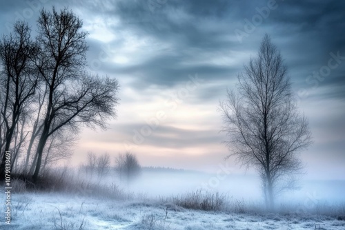 A misty morning landscape with bare trees and frost-covered ground.