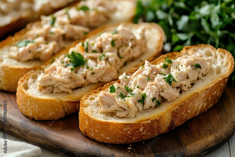 Close-up of toasted baguette topped with chicken salad. This photo can be used for articles about food, recipes, and restaurants. Close-up of toasted baguette topped with chicken salad. This photo can be used for articles about food, recipes, and restaurants.