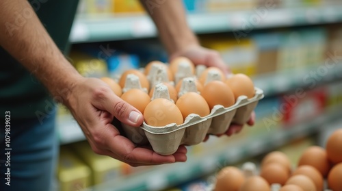 Closeup of Hands Holding Egg Carton in Grocery Store photo