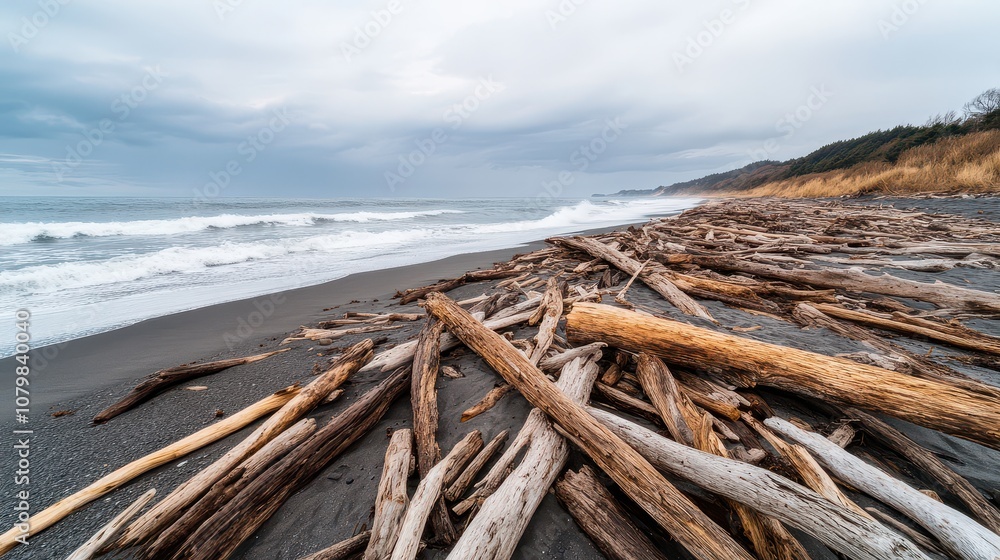 Scenic beach landscape featuring driftwood on dark sand, waves crashing in the distance under a cloudy sky. Scenic beach landscape featuring driftwood on dark sand, waves crashing in the distance under a cloudy sky.