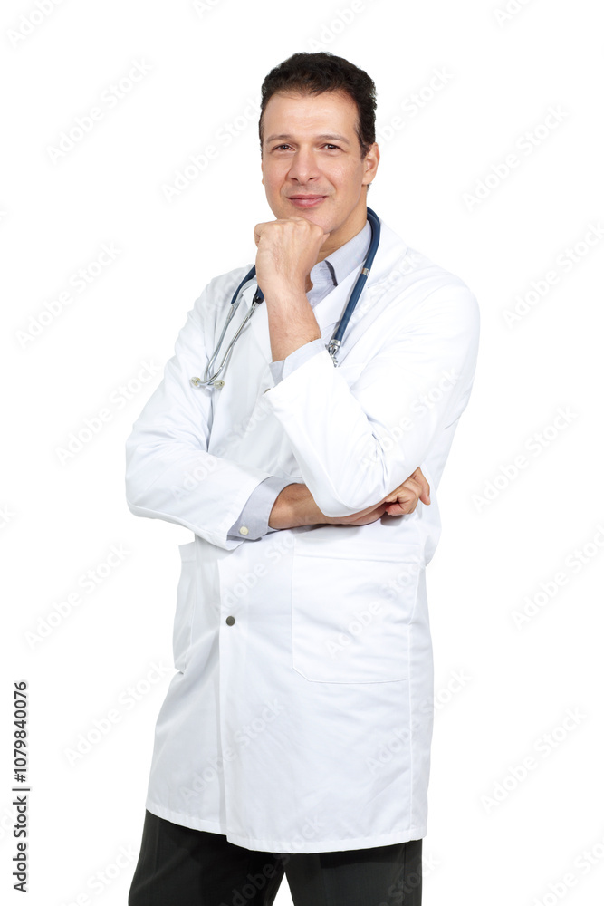 Man, portrait and doctor with stethoscope in studio for healthcare, cardiology or expert on a white background. Male person, medical professional or cardiologist with smile in uniform for advice Man, portrait and doctor with stethoscope in studio for healthcare, cardiology or expert on a white background. Male person, medical professional or cardiologist with smile in uniform for advice