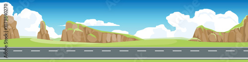 Horizontal view of empty asphalt road. Background of hill with a large cliff. and the mountain ranges far away. Under the white clouds and blue sky.