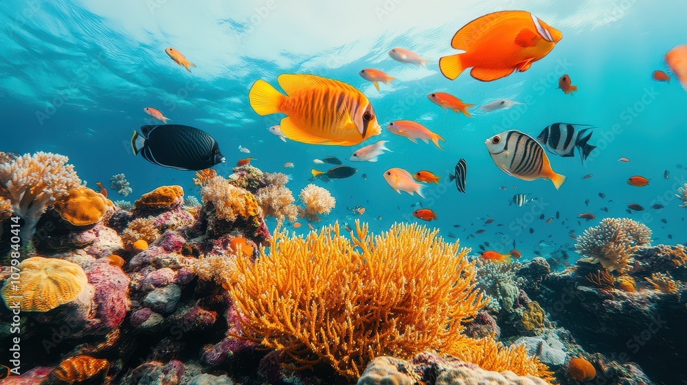 Fototapeta premium Vibrant underwater scene featuring colorful coral and a variety of fish swimming amidst the ocean's clear blue water.
