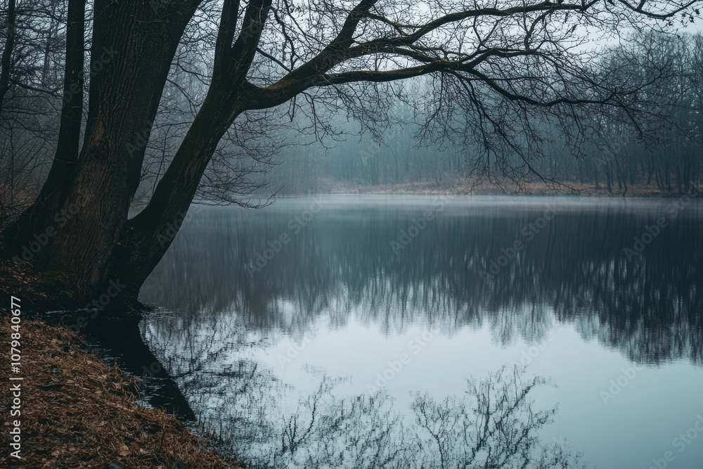 A misty morning on a still lake, with bare trees reflected in the water. A misty morning on a still lake, with bare trees reflected in the water.