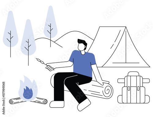 Flat vector of a young man camping, roasting marshmallows by the fire. Perfect for outdoor adventure designs, camping promotions, and travel illustrations.