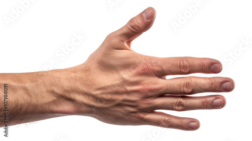 Male hand showing five fingers, palm on white transparent background
 #1079841091