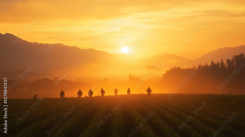 Majestic Sunset in Rural China - Silhouettes of Farmers in Vibrant Fields under Warm Toned Sky Majestic Sunset in Rural China - Silhouettes of Farmers in Vibrant Fields under Warm Toned Sky