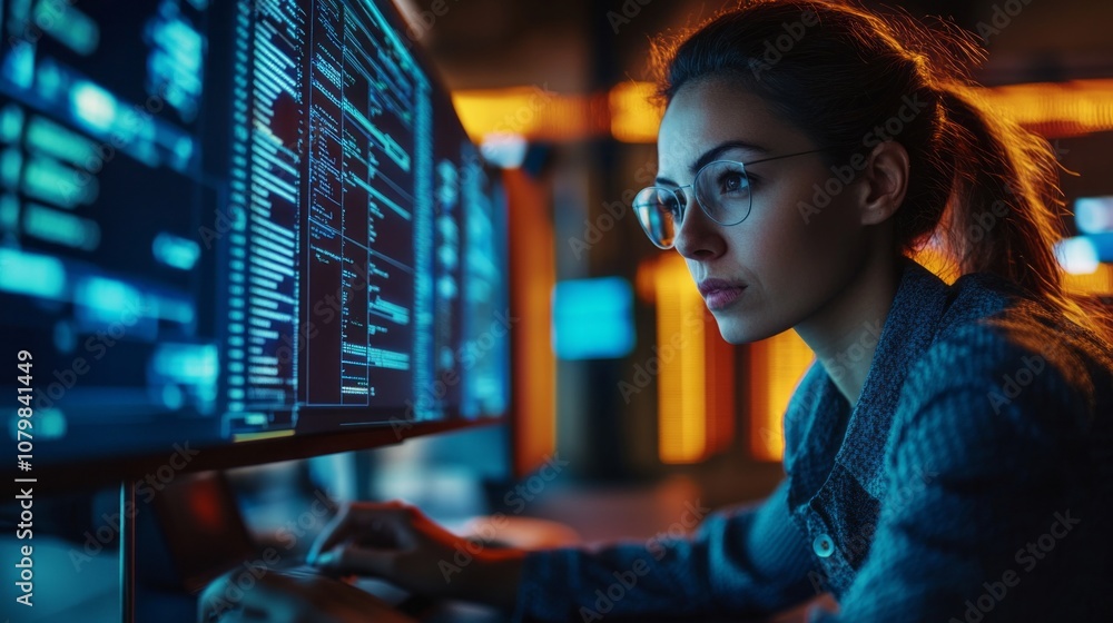 A woman is working on a computer with a monitor displaying a lot of code A woman is working on a computer with a monitor displaying a lot of code