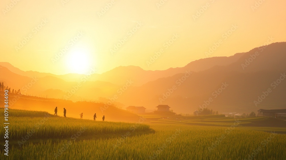 Obraz premium Majestic Sunset in Rural China - Silhouettes of Farmers, Vibrant Crops, Scenic Landscape | Ultra-Detailed Sunset View