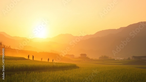 Wallpaper Mural Majestic Sunset in Rural China - Silhouettes of Farmers, Vibrant Crops, Scenic Landscape | Ultra-Detailed Sunset View Torontodigital.ca