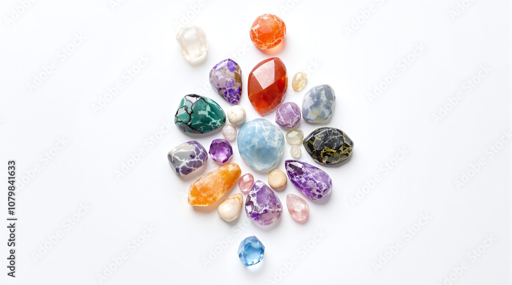 Circular pattern of vibrant gemstones on white background, healing and balance theme, stock photo Circular pattern of vibrant gemstones on white background, healing and balance theme, stock photo