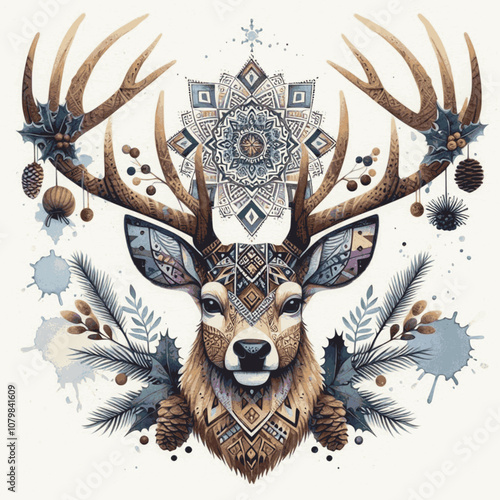 Merry Christmas beautiful reindeer background. Vintage Merry Christmas abstract texture reindeer with floral composition. Multilayer SVG file without gaps between paths.