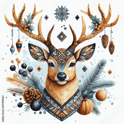 Merry Christmas beautiful reindeer background. Vintage Merry Christmas abstract texture reindeer with floral composition. Multilayer SVG file without gaps between paths.