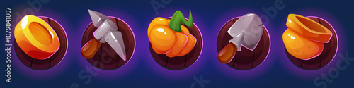 Farm themed game icons set on dark wooden circle boards with purple glow. Ranch elements of golden coin, shovel and pickaxe, ripe pumpkin and pot. Agricultural mobile gaming interface buttons.