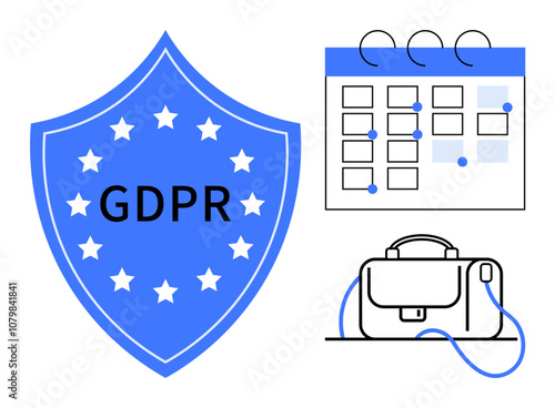 Shield with GDPR text, calendar with events, and business briefcase. Ideal for compliance, data protection, privacy policy, business planning, schedule management, corporate responsibility