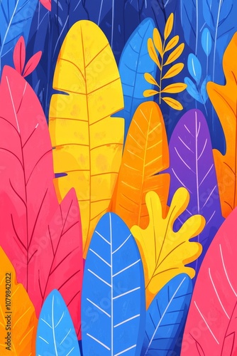 Colorful Abstract Illustration of Vibrant Leaves in Bright Hues

