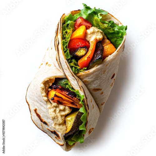 A veggie wrap with hummus and roasted vegetables, isolated white background, hyperrealism art style photo