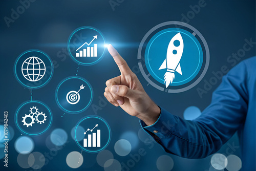 Businessman touch rocket launch investment growth,Business Growth Strategy Concept,including rocket launch, target achievement, analytics, and teamwork. innovation,goals, leadership,rocket,           