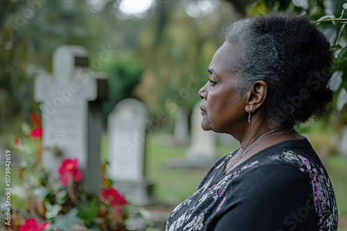 Portrait of a mourner standing silently by a gravesite photo