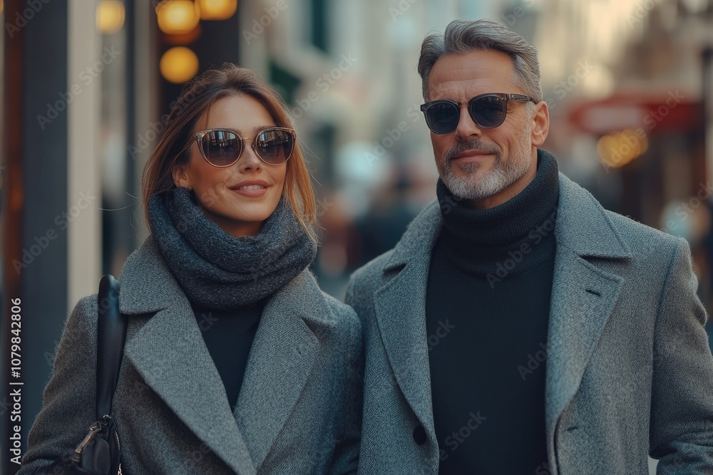 Elegant couple wearing sunglasses and coats walking down city street Elegant couple wearing sunglasses and coats walking down city street