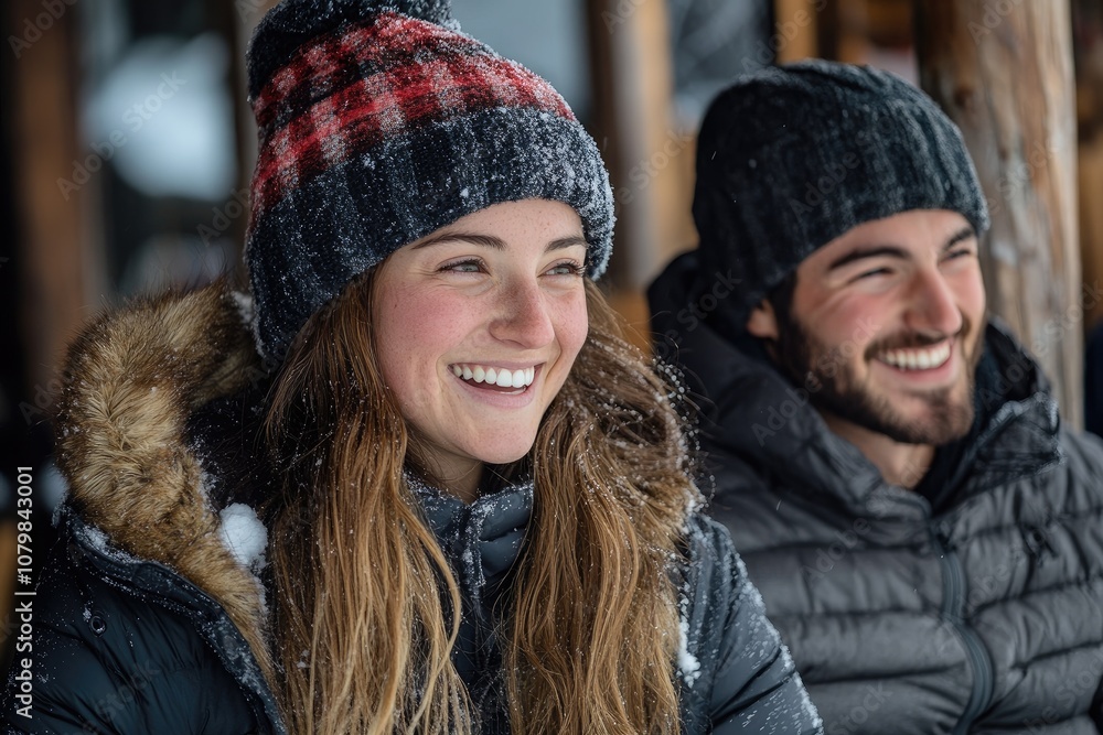 Happy couple smiling and enjoying winter vacation in mountain chalet Happy couple smiling and enjoying winter vacation in mountain chalet