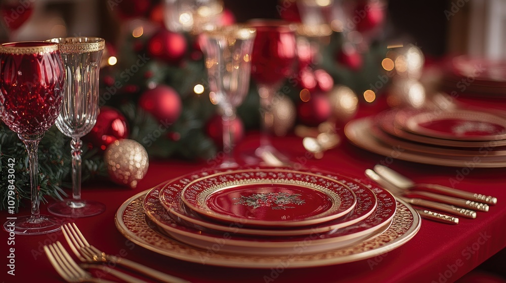 Elegant christmas table setting with red and gold dishes and decorations