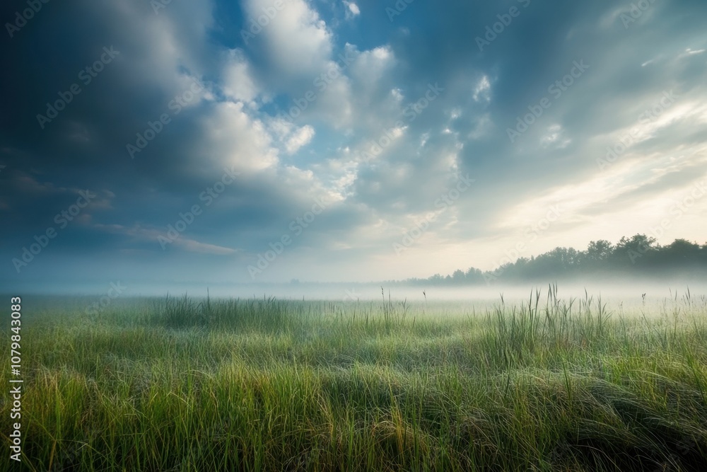 A misty sunrise over a grassy field. A misty sunrise over a grassy field.
