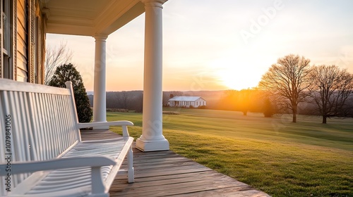 A white wooden bench sits on a porch overlooking a field with a farmhouse in the distance at sunset.