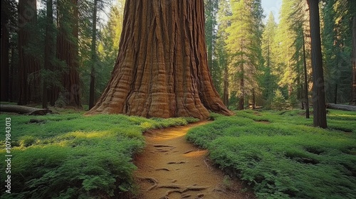Hiking trail leading towards giant sequoia in redwood national park