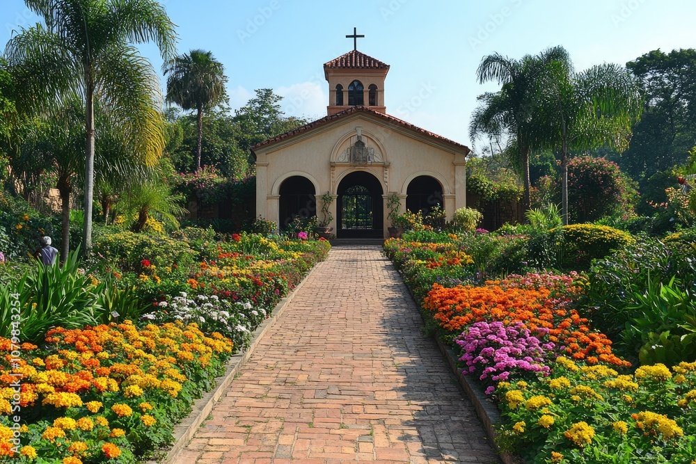 Naklejka premium Brick path leading to spanish colonial style chapel surrounded by colorful flowerbeds