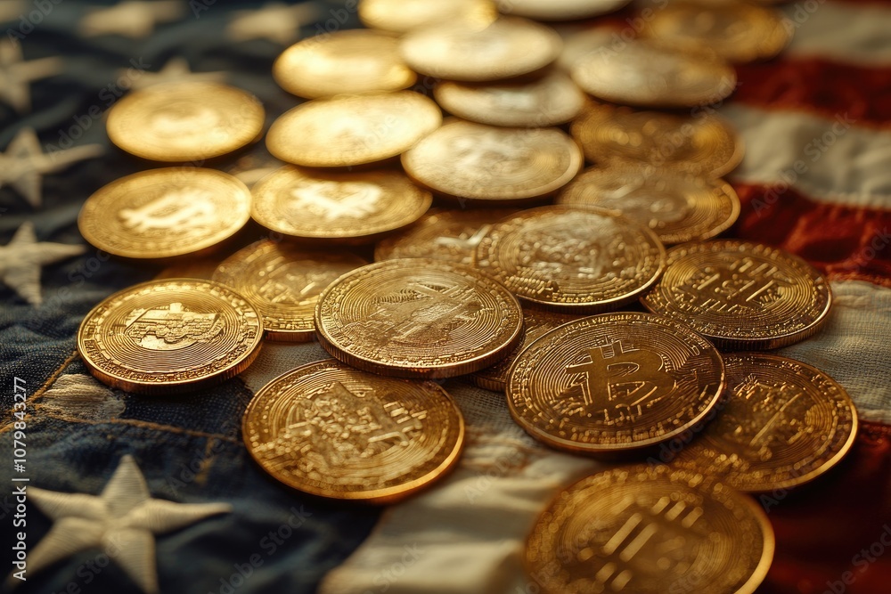 Golden bitcoins resting on united states flag: cryptocurrency and american economy Golden bitcoins resting on united states flag: cryptocurrency and american economy