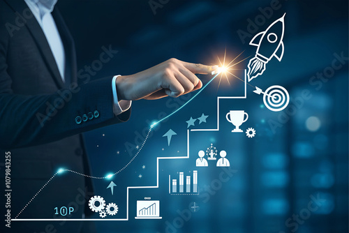Businessman touch rocket launch investment growth,Business Growth Strategy Concept,including rocket launch, target achievement, analytics, and teamwork. innovation,goals, leadership,rocket,           