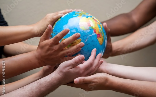 Diverse hands holding a globe symbolizing unity and human rights photo