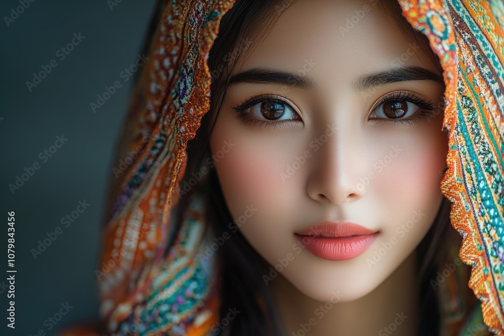 Asian woman wearing colorful headscarf with beautiful makeup Asian woman wearing colorful headscarf with beautiful makeup