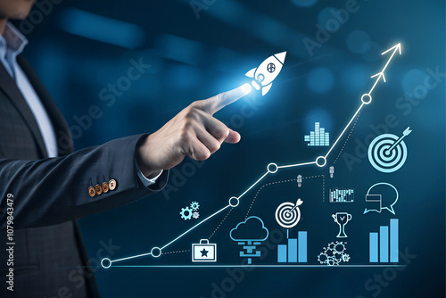 Businessman touch rocket launch investment growth,Business Growth Strategy Concept,including rocket launch, target achievement, analytics, and teamwork. innovation,goals, leadership,rocket,           