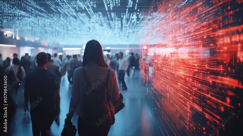Woman walking through a futuristic digital space with glowing red and blue data streams. Woman walking through a futuristic digital space with glowing red and blue data streams.