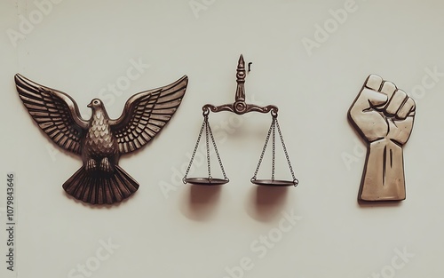 Icons of peace doves, justice scales, and human figures for awareness photo