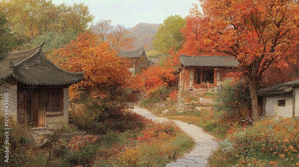 Rural China in Autumn: Vibrant Foliage and Traditional Village Nostalgia Rural China in Autumn: Vibrant Foliage and Traditional Village Nostalgia