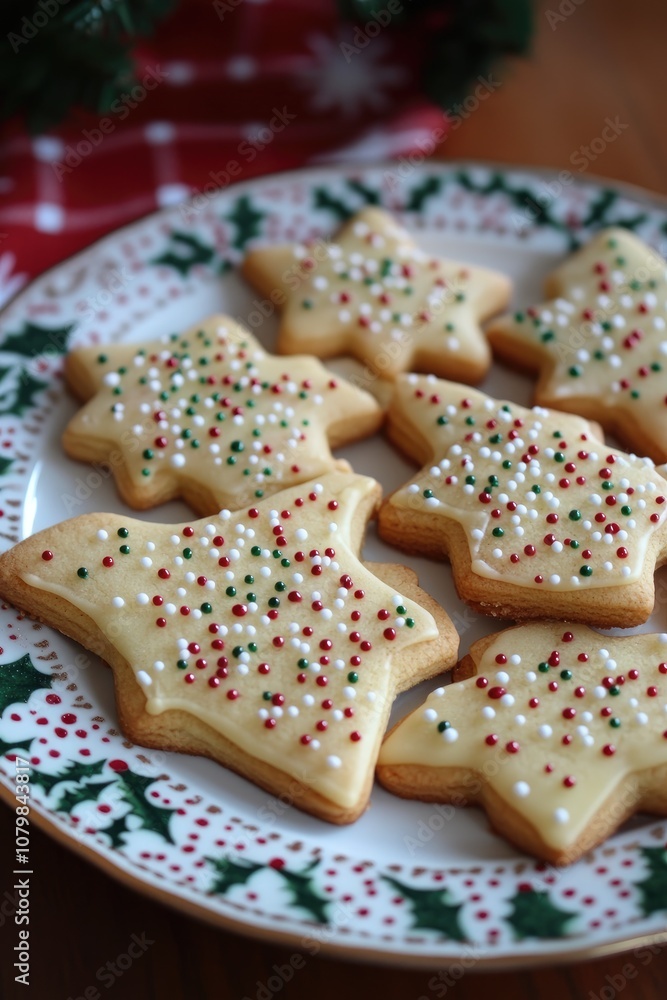 Christmas sugar cookies decorated with sprinkles resting on festive plate Christmas sugar cookies decorated with sprinkles resting on festive plate