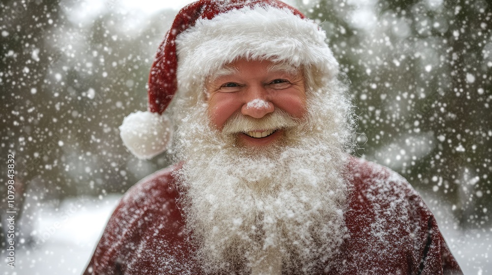 Santa claus smiling under snowfall, christmas magic Santa claus smiling under snowfall, christmas magic