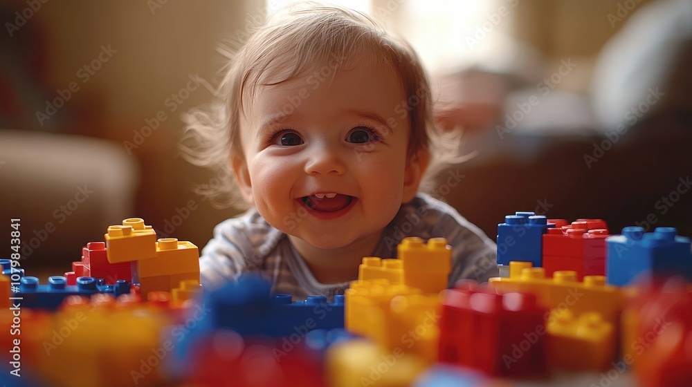 Happy baby girl playing with colorful building blocks Happy baby girl playing with colorful building blocks