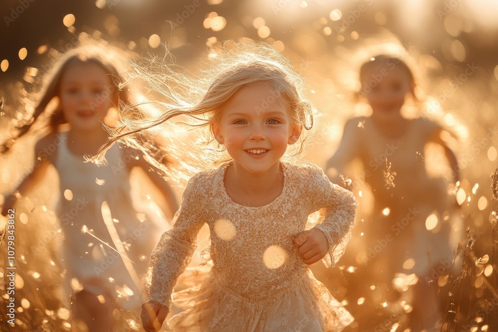 Three happy blonde girls running in a field at golden hour Three happy blonde girls running in a field at golden hour