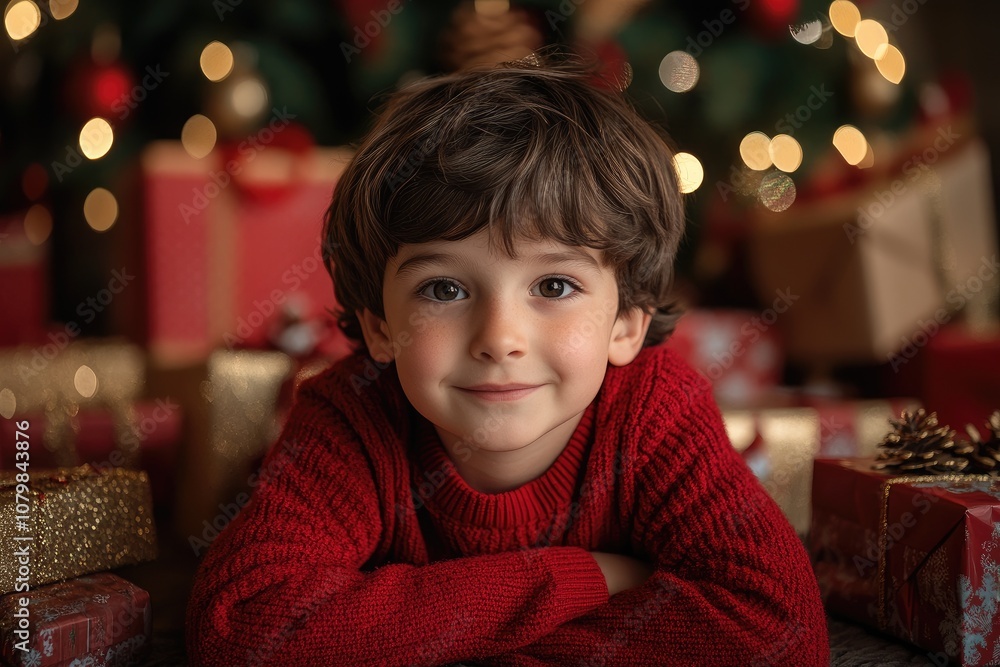 Smiling child lying down near christmas gifts and christmas tree Smiling child lying down near christmas gifts and christmas tree