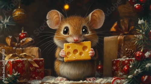 Cute mouse eating cheese near christmas tree and gifts: christmas eve