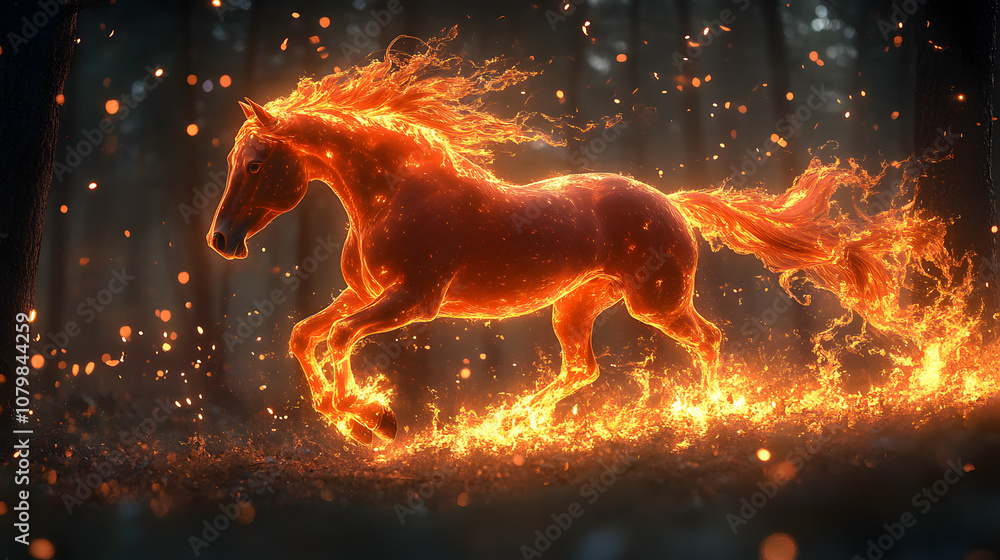 A dynamic image of a red horse in full motion, illuminated with fiery light and glowing flames that trail along its body, symbolizing power, speed, and energy. The vibrant glow of flames and motion bl A dynamic image of a red horse in full motion, illuminated with fiery light and glowing flames that trail along its body, symbolizing power, speed, and energy. The vibrant glow of flames and motion bl