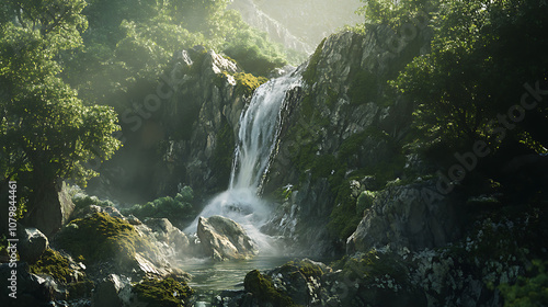 A tranquil waterfall flowing down a rocky cliff, with moss-covered stones and minimal foot traffic, offering a secluded spot 