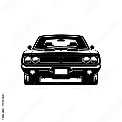 Classic Muscle Car Front View Vector – Vintage Automotive Icon in Bold Black and White Style for Retro Car Design Projects