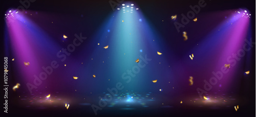 Bright spotlights illuminate dark stage with blue and purple beams. Golden confetti float through luminous rays in festive casino interior. Luxury gaming presentations or entertainment shows.