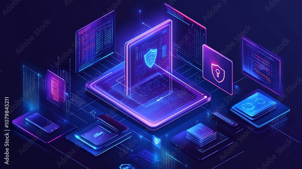 A tablet with a shield and code icons. A tablet with a shield and code icons.